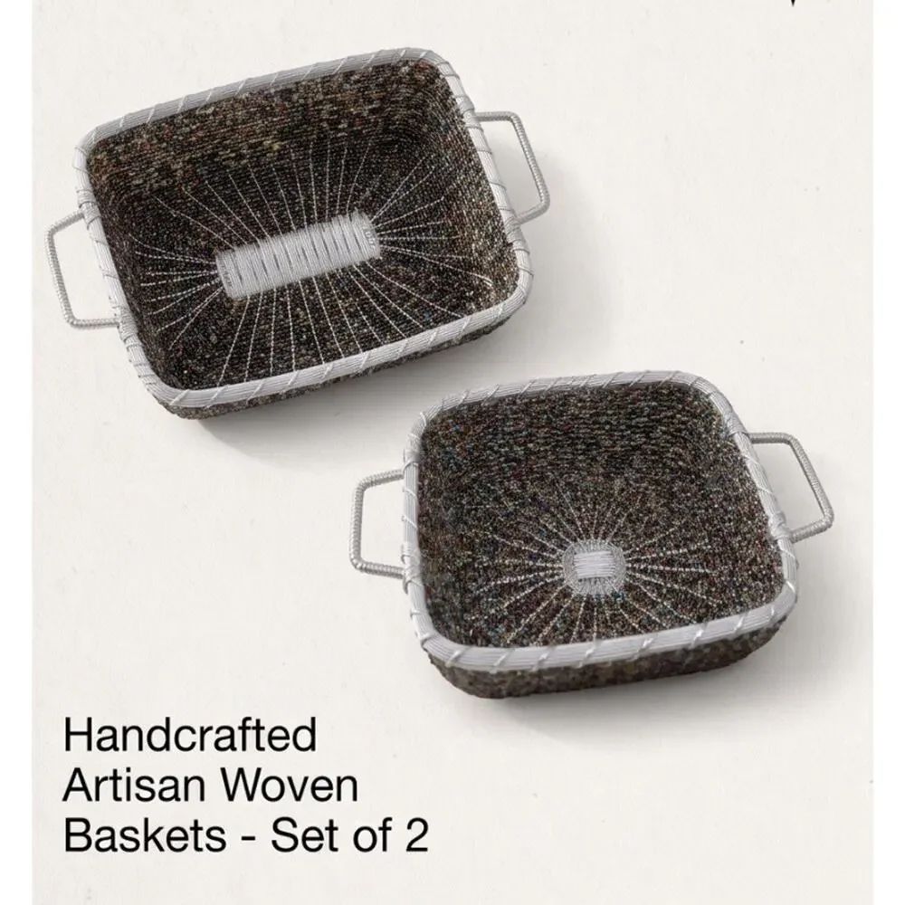 Beautiful Tray Multi Bead Art Silver Metal Woven Basket Made In India Set Of 2